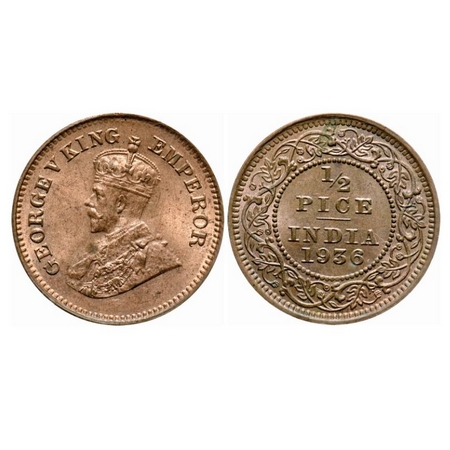 George V, Bronze, 1/2 Pice, 1936, Calcutta Mint, No mint mark. GK 1222. Uncirculated. Scar