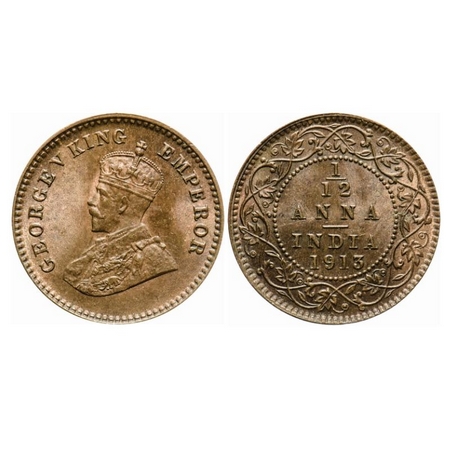 George V, Bronze, 1/12 Anna, 1913, Calcutta Mint, No dot. GK 1224. Uncirculated. Rare.