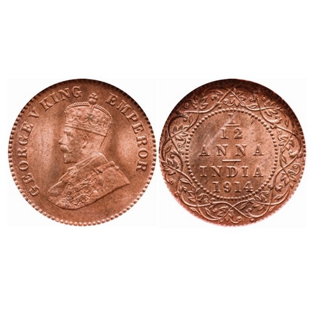 George V, Bronze, 1/12 Anna, 1914, Calcutta Mint, No mint mark. GK 1225. NGS Slabbed MS 63