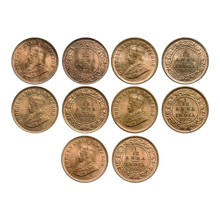 George V, Bronze, 1/12 Anna (5 coins), 1914, 1924, 1933, 1935, Calcutta Mint, No dot. 1928