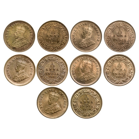 George V, Bronze, 1/12 Anna (5 coins), 1914, 1915, 1916, 1918, 1920, Calcutta Mint, No dot