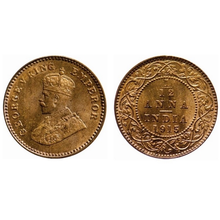 George V, Bronze, 1/12 Anna, 1915, Calcutta Mint, No dot, Ghost on reverse. GK 1226. Brill