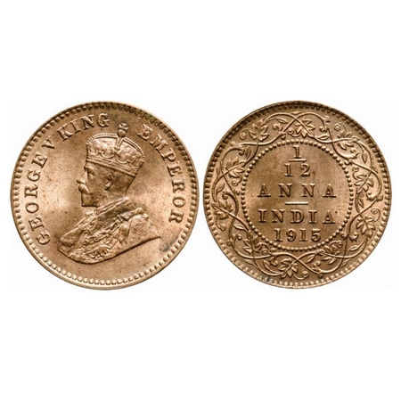 George V, Bronze, 1/12 Anna, 1915, Calcutta Mint, No dot. GK 1226. Brilliant Uncirculated.
