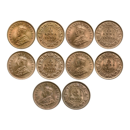 George V, Bronze, 1/12 Anna (5 coins), 1921, Calcutta Mint, No dot, 1924, Bombay Mint, Dot