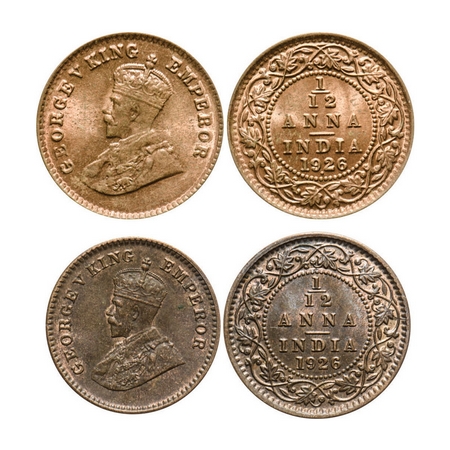George V, Bronze, 1/12 Anna (2 coins), 1926, Bombay Mint, Dot, Ghost on rev & Calcutta Min