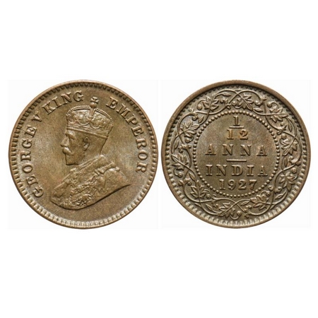 George V, Bronze, 1/12 Anna, 1927, Calcutta Mint, No mint mark. GK 1242. Uncirculated. Sca