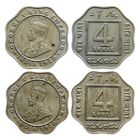 George V, Copper-Nickel, 4 Annas (2 coins), 1920, Calcutta Mint, No dot, Bombay Mint, Dot.