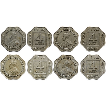 George V, Copper-Nickel, 4 Annas (4 coins), 1920, Calcutta Mint, No dot, Bombay Mint, Dot.