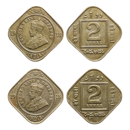 George V, Copper-Nickel, 2 Annas (2 coins), 1918, Calcutta Mint, No dot, Bombay Mint, Dot.
