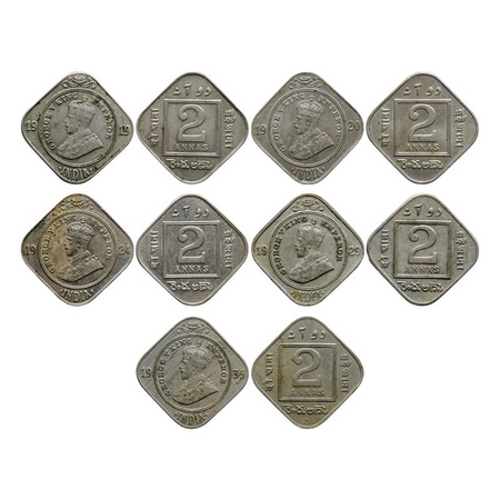 George V, Copper-Nickel, 2 Annas (5 coins), 1919, 1920, 1924, 1929, Calcutta Mint, No dot,