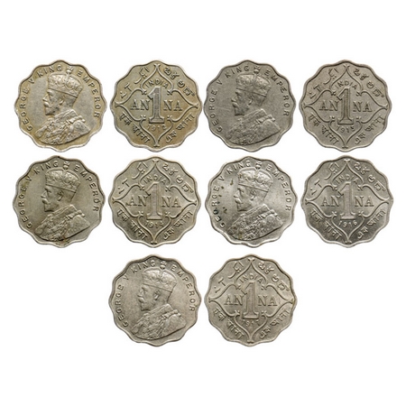 George V, Copper-Nickel, 1 Anna (5 coins), 1912, 1913, 1914, 1916, 1917, Bombay Mint, No d