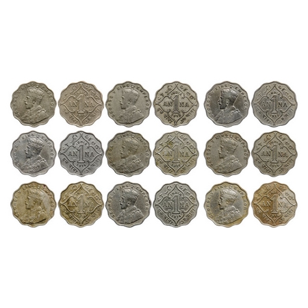 George V, Copper-Nickel, 1 Anna (9 coins), 1913(3), 1914(5), 1916, Bombay Mint, No dot. GK