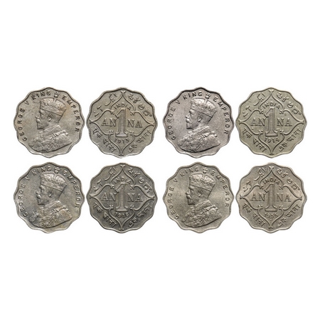 George V, Copper-Nickel, 1 Anna (4 coins), 1913, Bombay Mint, No dot, 1914, Bombay Mint, N
