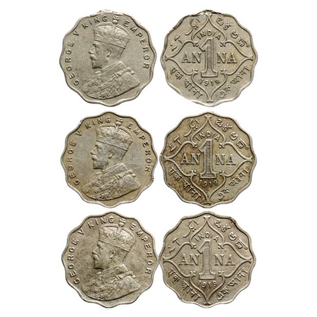 George V, Copper-Nickel,1 Anna (3 coins), 1919, Bombay Mint, No dot. GK 1149. Very Fine+ t