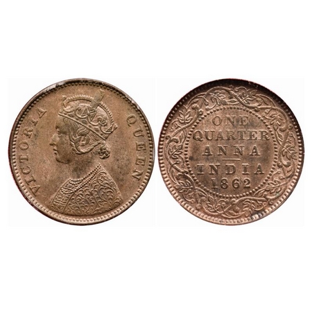 Victoria Queen, Copper, Quarter Anna, 1862, Madras Mint, A/I, No mint mark, Ghost on rev.