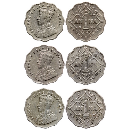 George V, Copper-Nickel, 1 Anna (3 coins), 1929, Calcutta Mint, No dot. GK 1162. Very Fine