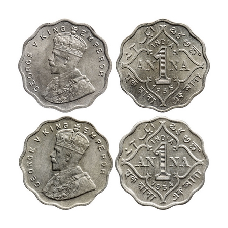 George V, Copper-Nickel, 1 Anna (2 coins), 1934, 1935, Calcutta Mint, No dot. GK 1165, 116