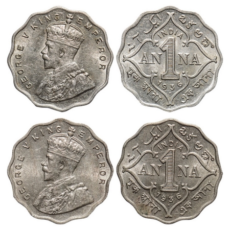 George V, Copper-Nickel, 1 Anna (2 coins), 1936, Bombay Mint, Small dot and Big dot. GK 11