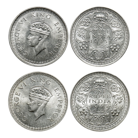 George VI, Half Silver, Rupee (2 coins), 1943, Bombay Mint, B(i)/II, Diamond, Security edg