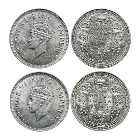 George VI, Half Silver, Rupee (2 coins), 1943, Bombay Mint, A(b)/II, Diamond, Security edg