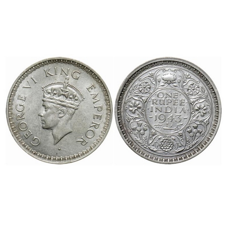 George VI, Half Silver, Rupee, 1943, Bombay Mint, C/III, Diamond, Security edge, Large 3. 