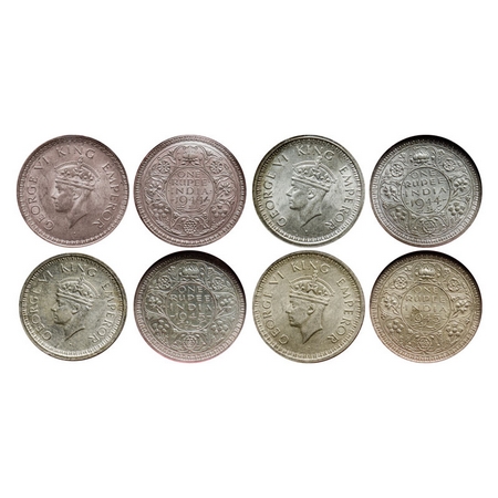 George VI, Half Silver, Rupee (4 coins), 1944, Bombay Mint, C/II, Dot, 1944, Bombay Mint, 