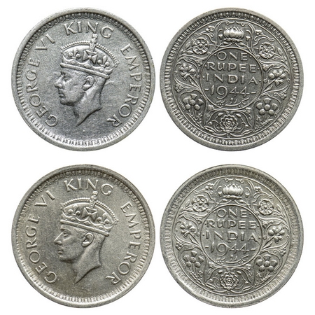 George VI, Half Silver, Rupee (2 coins), 1944, Lahore Mint, D/II, 'L' raised, Security edg