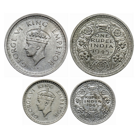 George VI, Half Silver (2 coins), 1945, 1) Rupee, Bombay Mint, Rupee, D/II, Dot, Security
