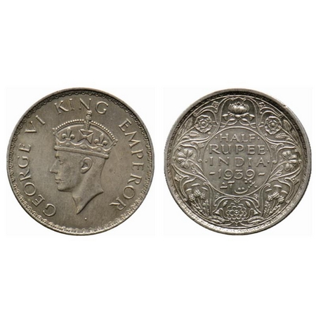 George VI, Silver Half Rupee, 1939, Bombay Mint, Type II, A(a)/I, dot, Milled edge. GK 129