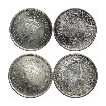 George VI, Silver, Half Rupee (2 coins), 1939, Bombay Mint, Head Type I, A/I, Dot, Calcutt