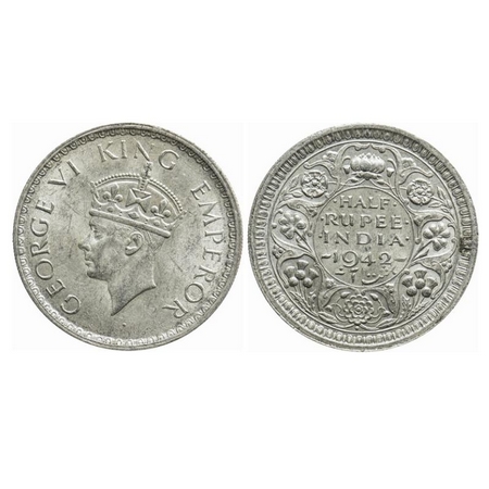 George VI, Half Silver, Half Rupee, 1942, Bombay Mint, Head Type II, A(a)/II, Dot, Securit