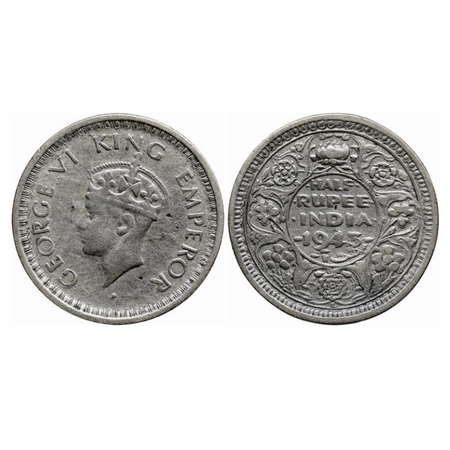 George VI, Half Silver, Half Rupee, 1943, Bombay Mint, Head Type II, B/II, Dot, Security e