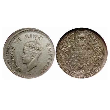 George VI, Half Silver, Half Rupee, 1943, Bombay Mint, Head Type II, B/III, Diamond, Secur
