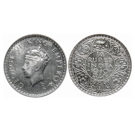 George VI, Half Silver, 1/4 Rupee, 1940, Bombay Mint, Head Type I, Dot, Milled edge, Ghost