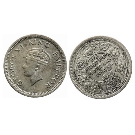 George VI, Half Silver, 1/4 Rupee, 1945, Bombay Mint, Head Type II, Rev II, Dot, 11'o cloc