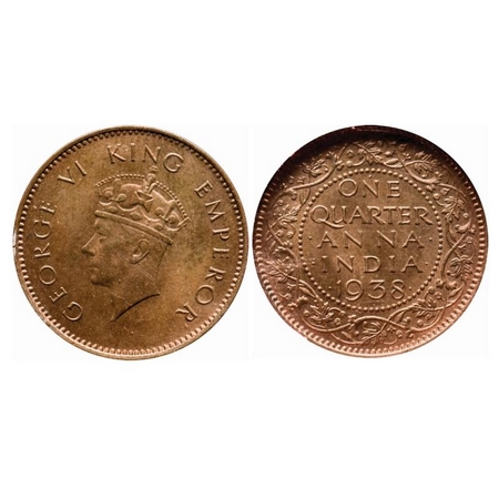 George VI, Bronze, Quarter Anna, 1938, Bombay Mint, Head Type I, Dot, No dots by One, Larg