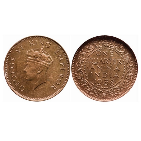 George VI, Bronze, Quarter Anna, 1938, Bombay mint, Head Type I, No dots by One, Large yea