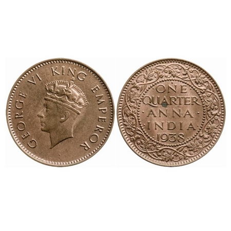 George VI, Bronze, Quarter Anna, 1938, Bombay Mint, Head Type I, Dot, Dots by One, Small y