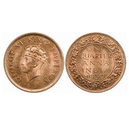 George VI, Bronze, Quarter Anna, 1939, Calcutta Mint, Head Type I, No dot. GK 1423. Uncirc