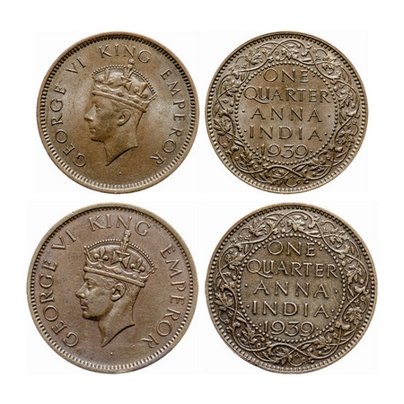 George VI, Bronze, Quarter Anna (2 coins), 1939, Calcutta Mint, Head Type I & II, no dot.