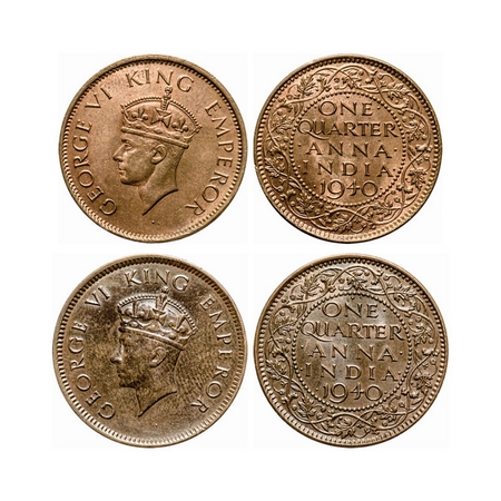 George VI, Bronze, Quarter Anna (2 coins), 1940, Bombay Mint, Head Type I & II, Dot. GK 14