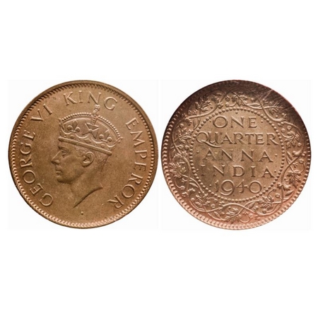 George VI, Bronze, Quarter Anna, 1940, Bombay Mint, Head Type II, Dot, Ghost image on obv
