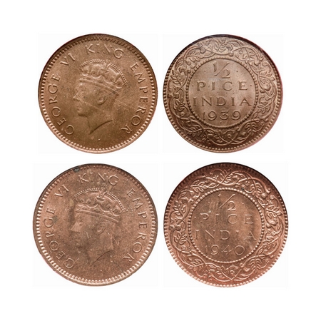 George VI, Bronze, 1/2 Pice(2 slabs), 1939, Bombay Mint, Head Type I, Dot. 1940, Calcutta 