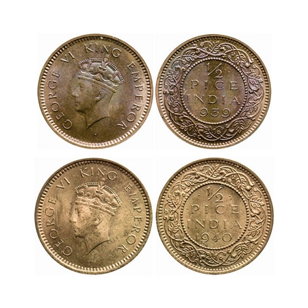George VI, Bronze, 1/2 Pice (2 coins), 1939, 1940, Calcutta Mint, Head Type I, No dot. GK 