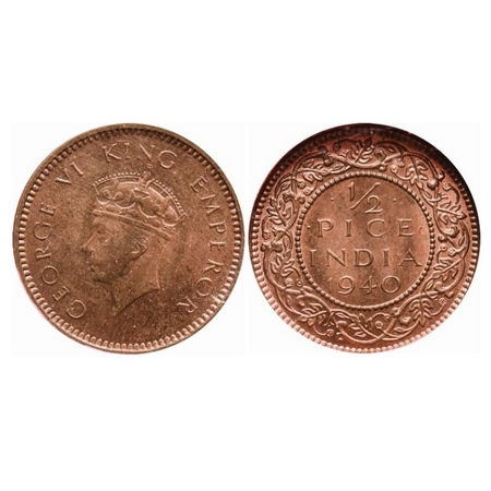 George VI, Bronze, 1/2 Pice, 1940, Calcutta Mint, Head Type I, No dot. GK 1452. NGS Slabbe