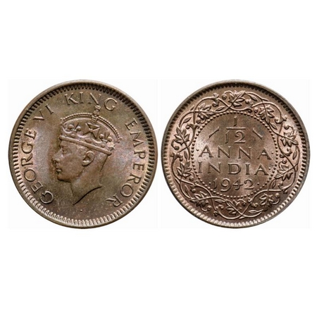 George VI, Bronze, 1/12 Anna, 1942, Bombay Mint, Head Type II, Dots by year. GK 1458. Bril