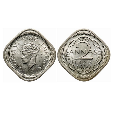 George VI, Copper-Nickel, 2 Anna, 1939, Bombay Mint, Head Type II, Dots by year. GK 1349.
