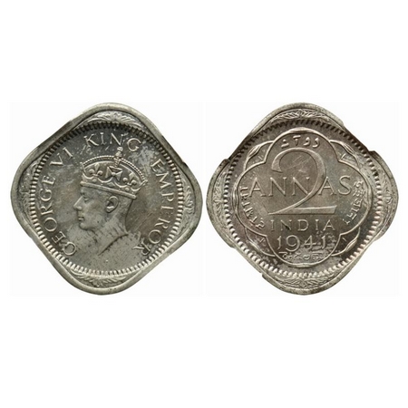 George VI, Copper-Nickel, 2 Annas, 1941, Bombay Mint, Head type II, Dots by year, Tiny dec