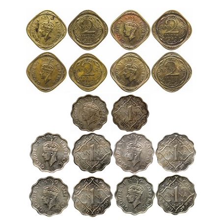 George VI, Mix Metal, (9 coins), 2 Annas, Brass Nickel, 1942 (4), Bombay Mint, Head Type I