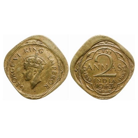 George VI, Brass-Nickel, 2 Annas, 1943, Error, Bombay Mint, Head Type II, Dots by year, 15